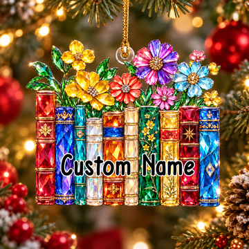 Custom Name Bookshelf Flowers Acrylic Ornament, Christmas Tree Decor, Book Lover Gifts
