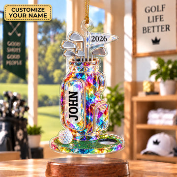 Custom Name Rainbow Golf Bag 2026 Acrylic Ornament, Christmas Tree Decor, Golf Gifts