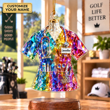 Custom Name Rainbow Nurse Scrubs Acrylic Ornament, Christmas Tree Decor, Nurse Gifts
