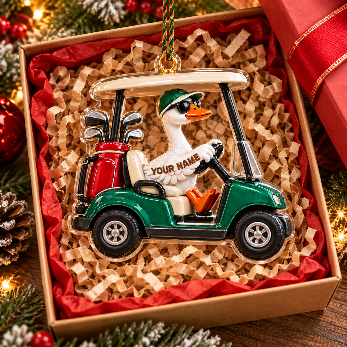 Custom Name Goose Golf Cart Acrylic Ornament, Christmas Tree Decor, Golf Lover Gifts
