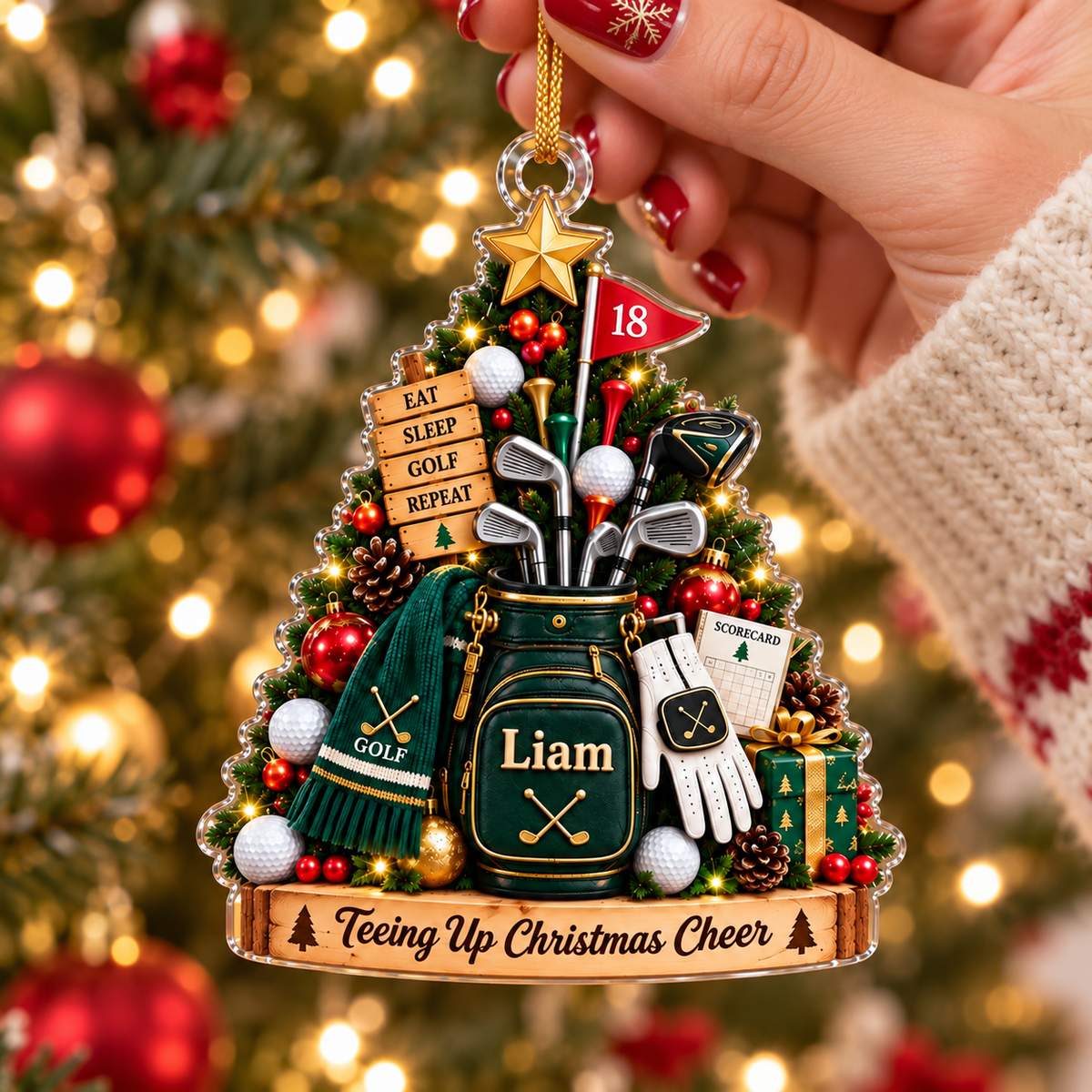 Custom Name Teeing Up Christmas Cheer Acrylic Ornament, Christmas Gifts, Golf Gifts