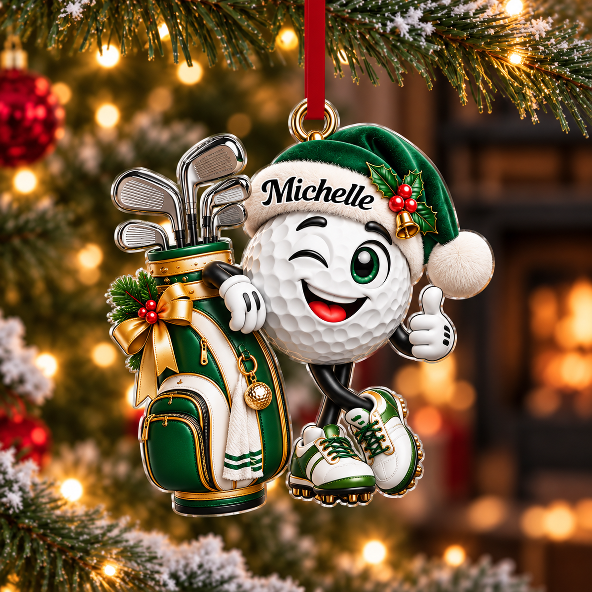 Custom Name Golf Ball Santa Hat Acrylic Ornament, Christmas Ornaments, Golfer Gifts