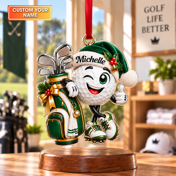 Custom Name Golf Ball Santa Hat Acrylic Ornament, Christmas Ornaments, Golfer Gifts