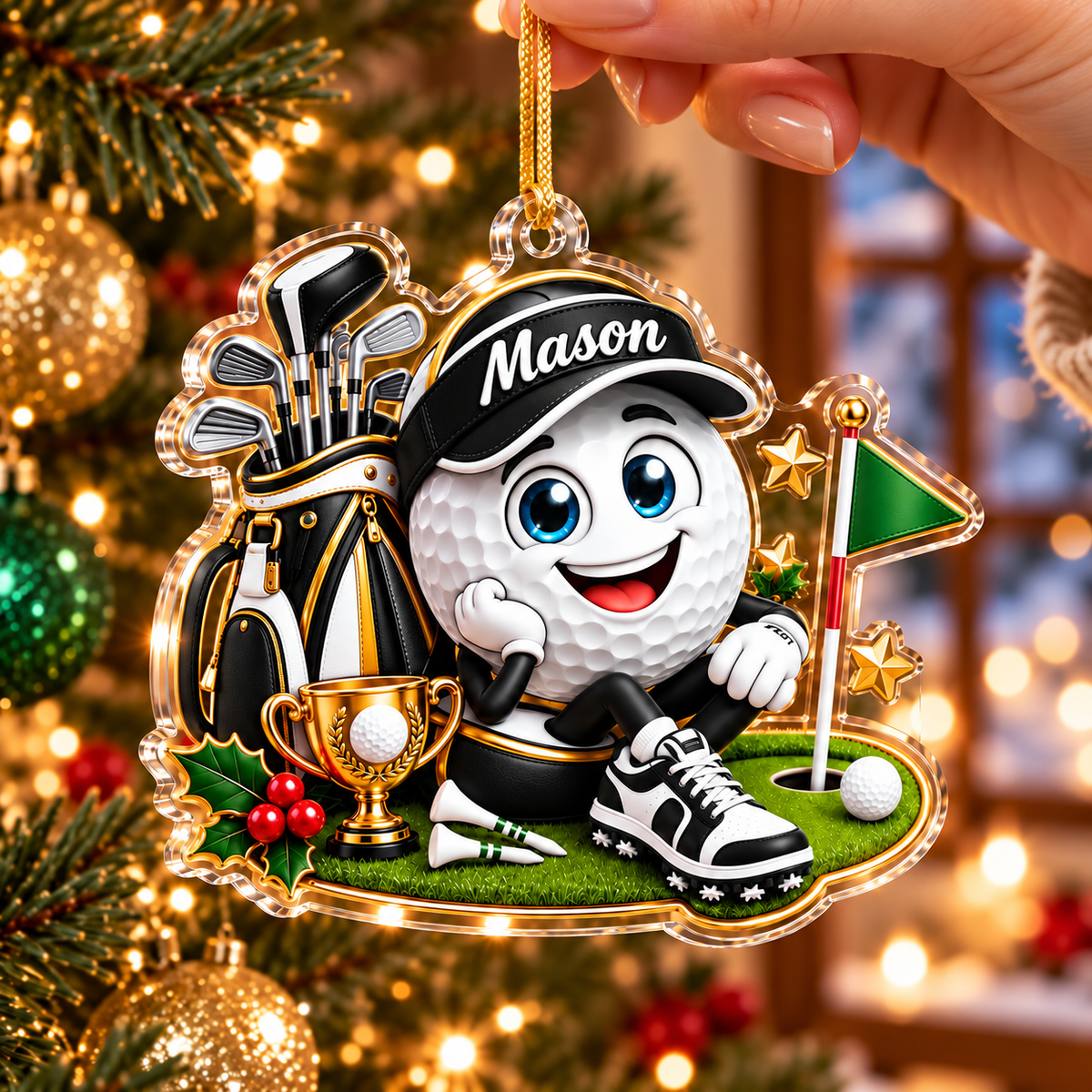 Custom Name Golf Ball Cap Trophy Acrylic Ornament, Christmas Tree Decor, Golf Gifts