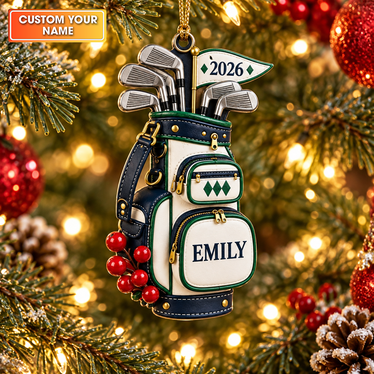 Custom Name Year Navy Golf Bag Acrylic Ornament, Christmas Gifts, Holiday Keepsake