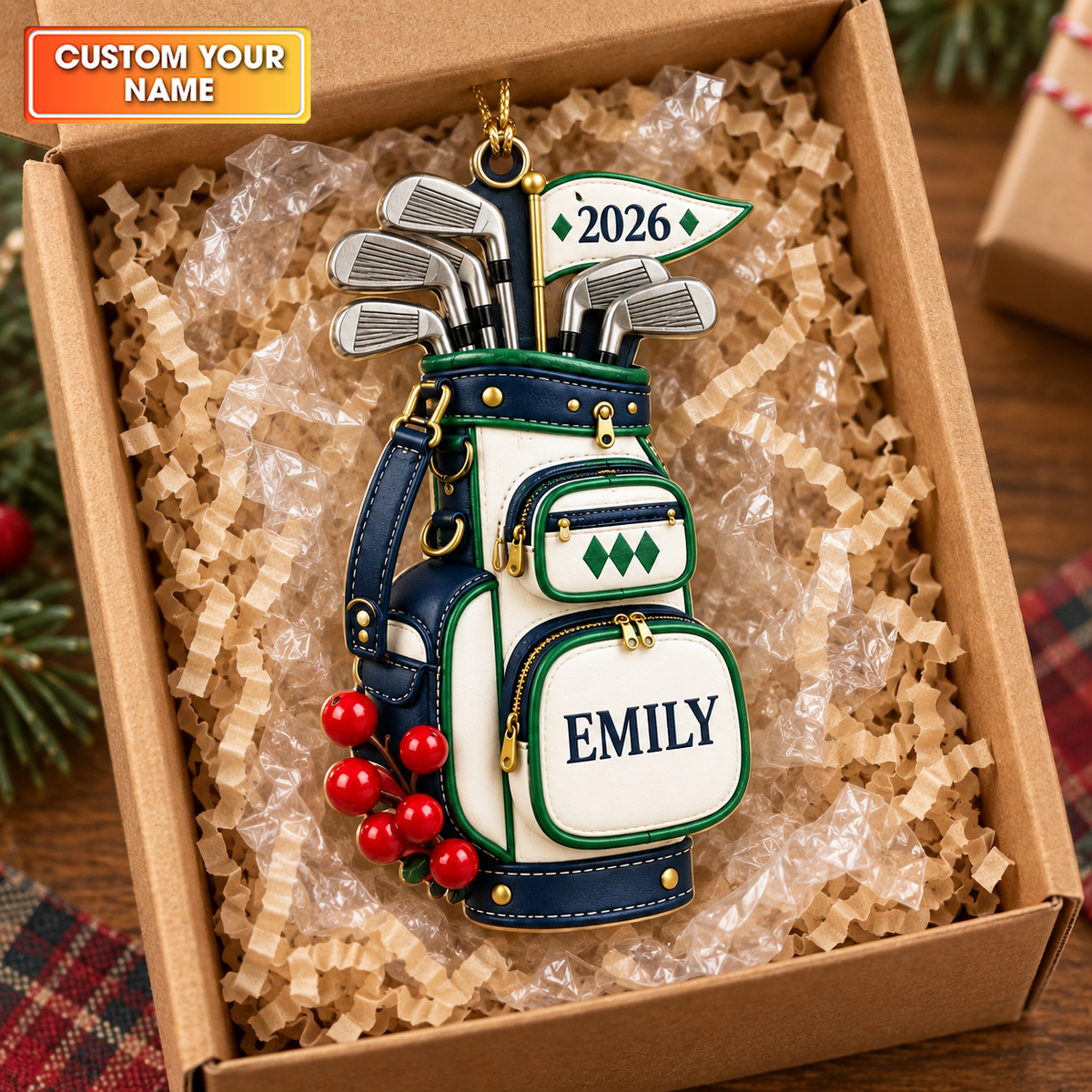 Custom Name Year Navy Golf Bag Acrylic Ornament, Christmas Gifts, Holiday Keepsake