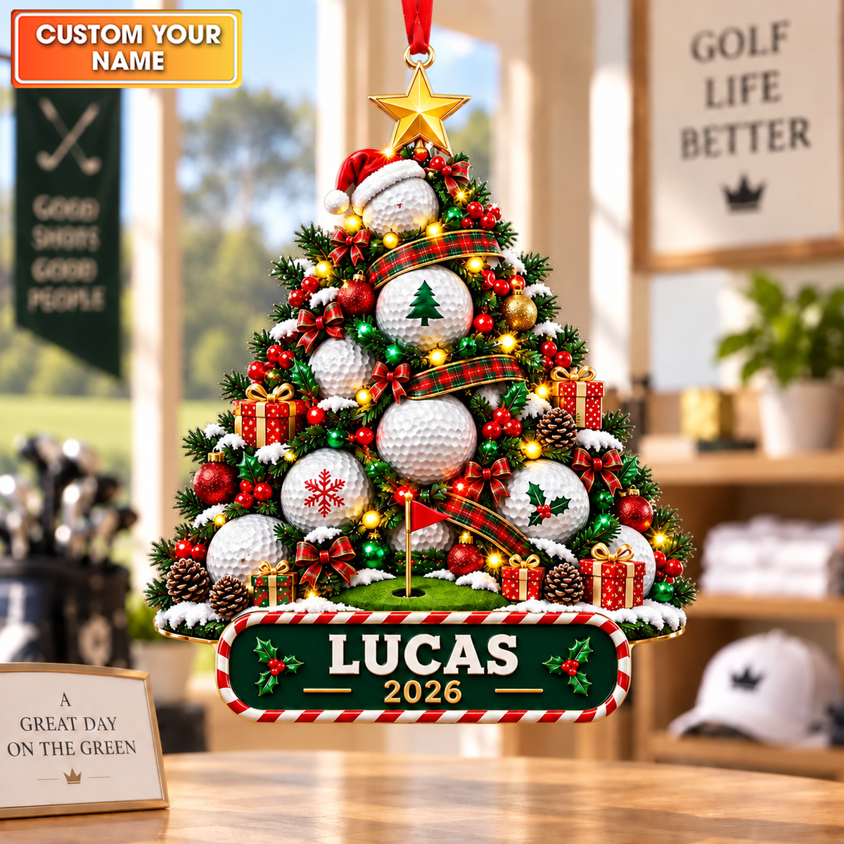 Custom Name Year Golf Ball Tree Acrylic Ornament, Christmas Tree Decor, Golf Gifts