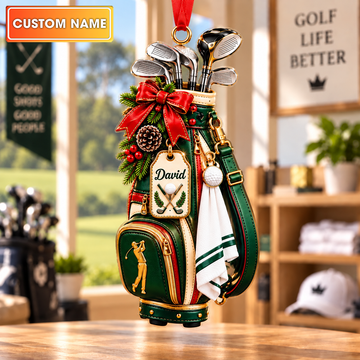 Custom Name Golf Bag Red Bow Acrylic Ornament, Christmas Ornaments, Golfer Gifts