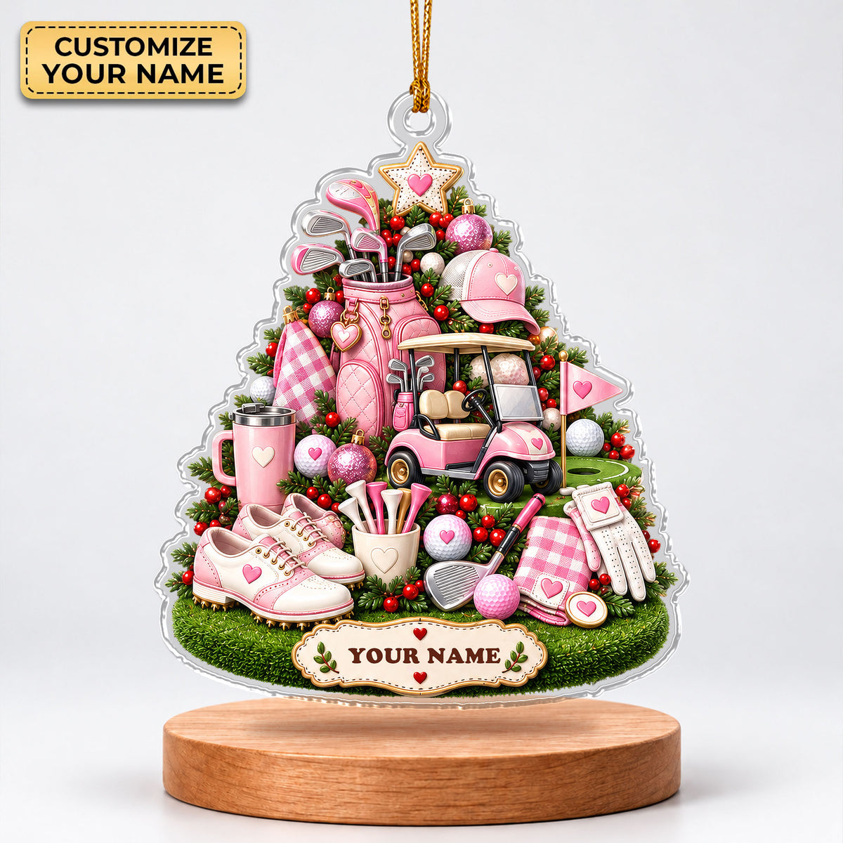 Custom Name Pink Golf Gear Tree Acrylic Ornament, Christmas Tree Decor, Golf Gifts