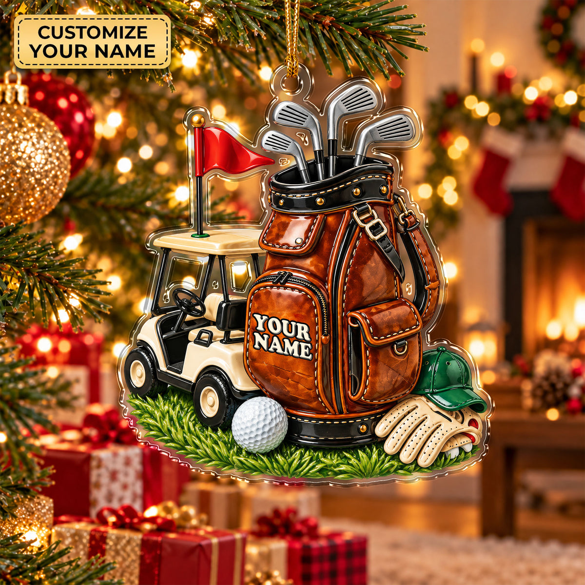 Custom Name Leather Golf Bag Cart Acrylic Ornament, Christmas Gifts, Holiday Keepsake