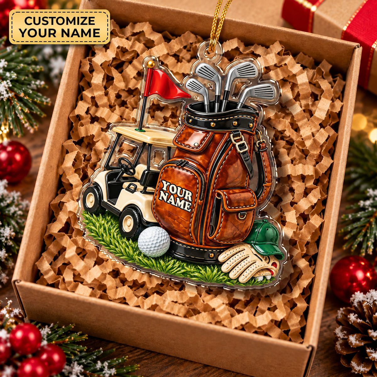 Custom Name Leather Golf Bag Cart Acrylic Ornament, Christmas Gifts, Holiday Keepsake