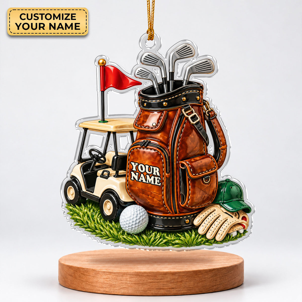 Custom Name Leather Golf Bag Cart Acrylic Ornament, Christmas Gifts, Holiday Keepsake