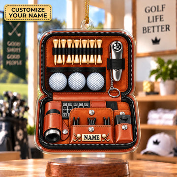 Custom Name Leather Golf Case Acrylic Ornament, Christmas Ornaments, Golfer Gifts