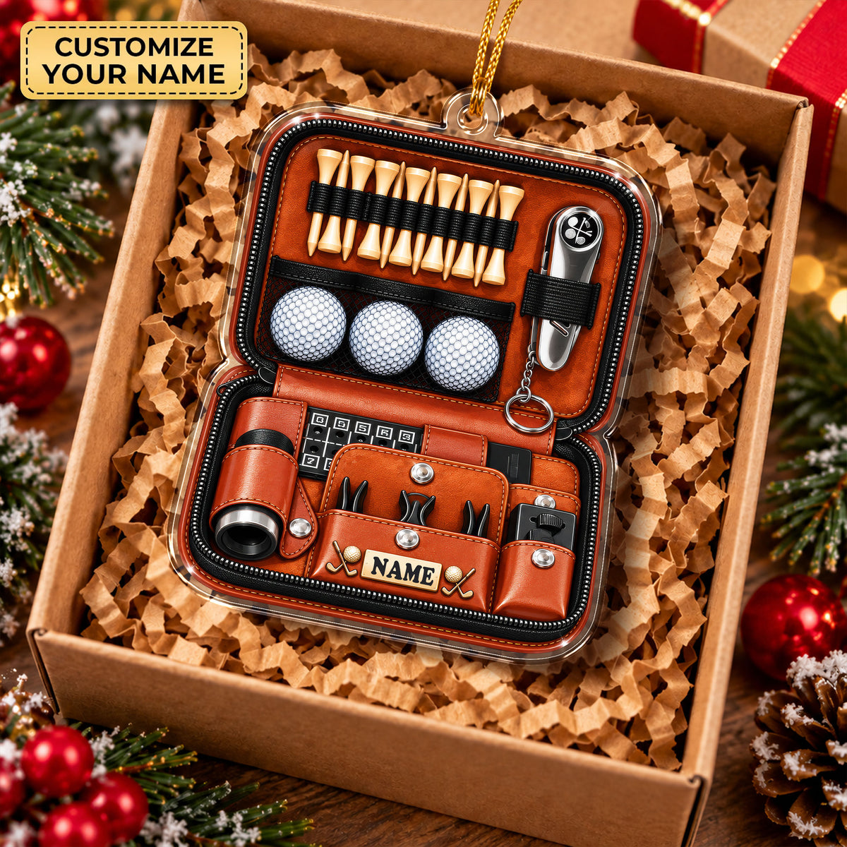 Custom Name Leather Golf Case Acrylic Ornament, Christmas Ornaments, Golfer Gifts