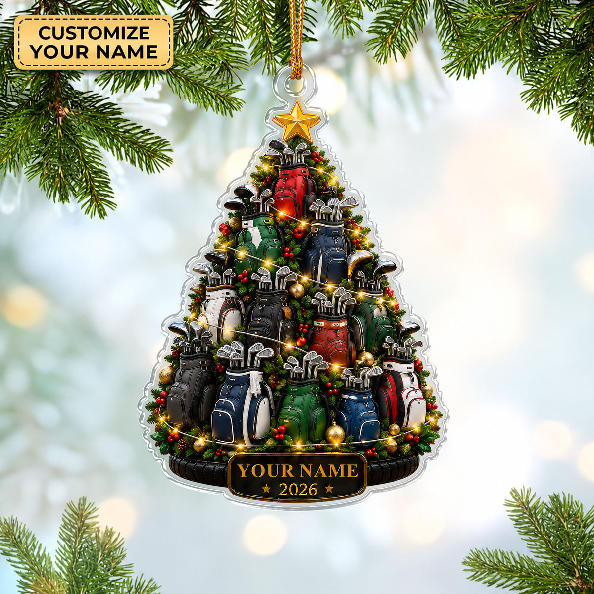 Custom Name Year Golf Bag Tree Acrylic Ornament, Christmas Ornaments, Golfer Gifts