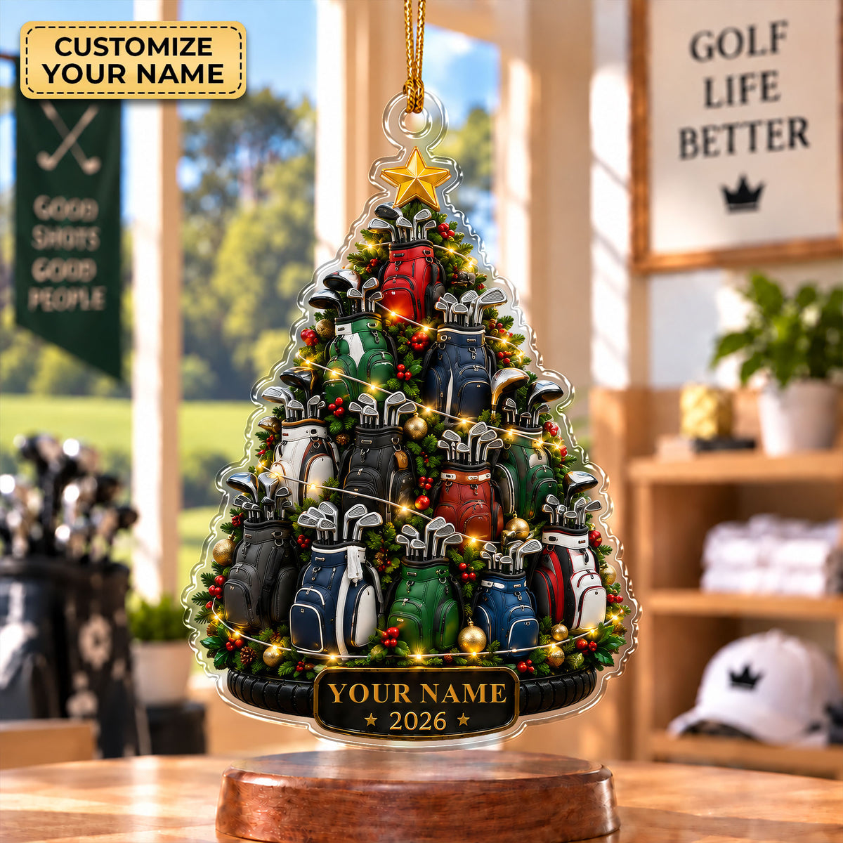 Custom Name Year Golf Bag Tree Acrylic Ornament, Christmas Ornaments, Golfer Gifts