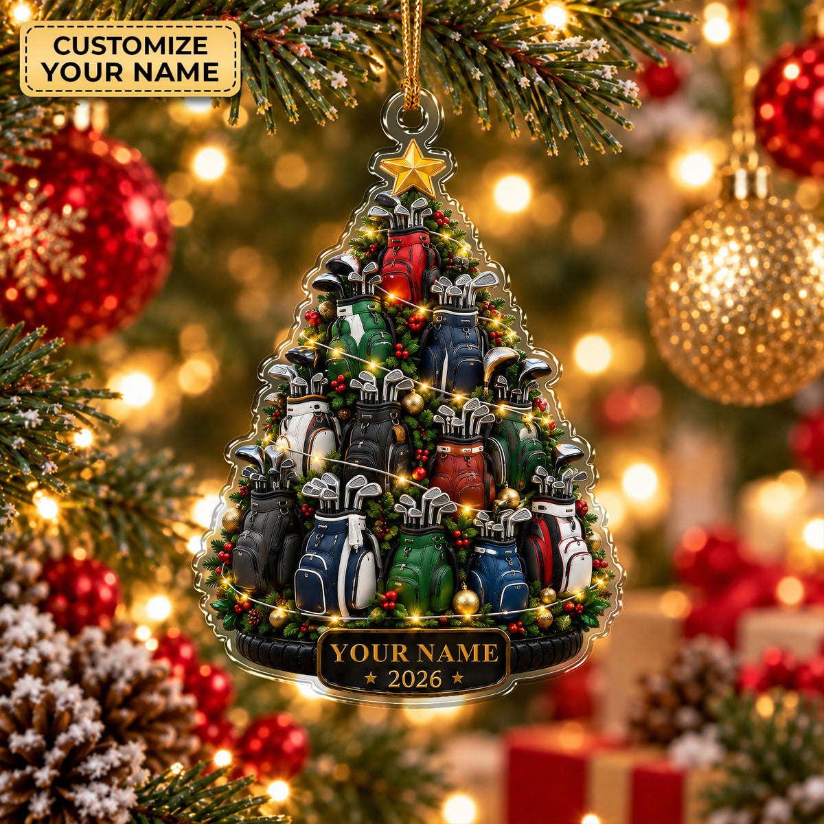 Custom Name Year Golf Bag Tree Acrylic Ornament, Christmas Ornaments, Golfer Gifts