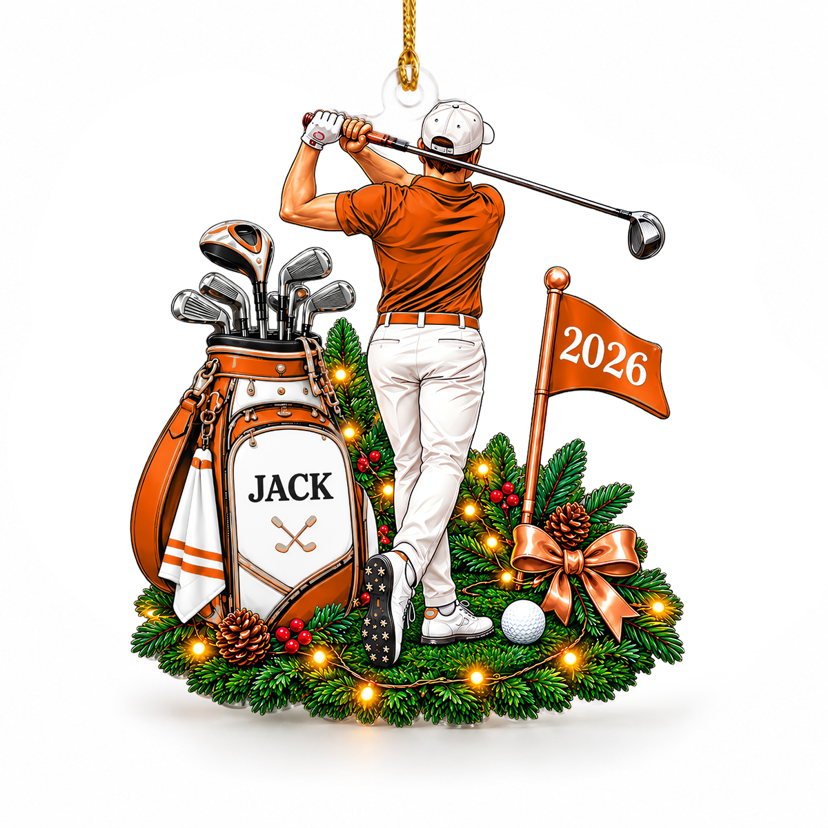 Custom Name Orange Male Golfer Acrylic Ornament, Christmas Tree Decor, Golfer Gifts
