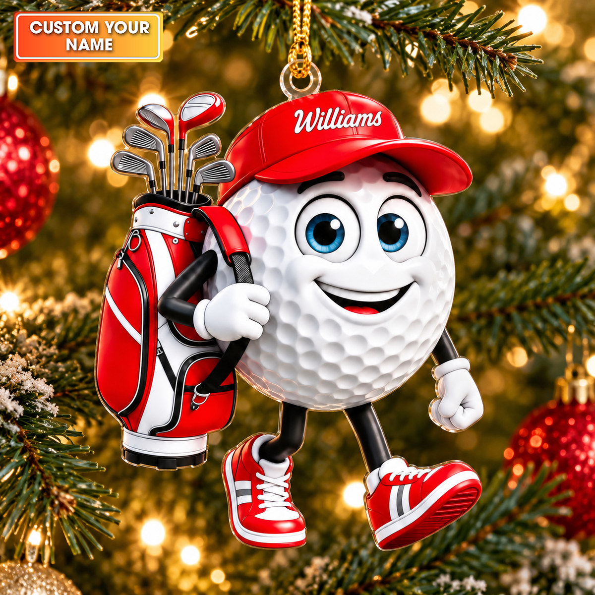 Custom Name Red Walking Golf Ball Acrylic Ornament, Christmas Gifts, Golfer Gifts