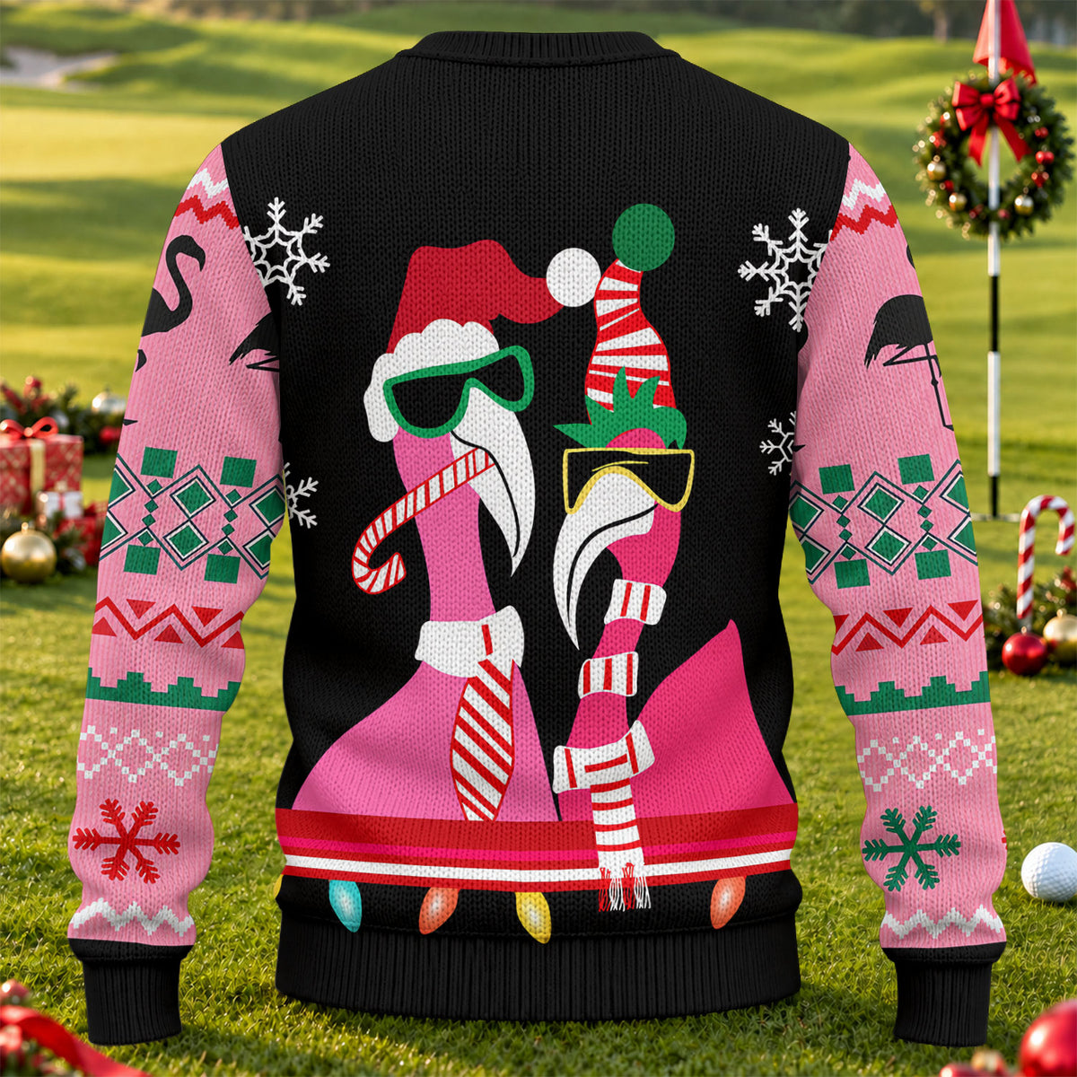 Pink Flamingo Santa Hat Ugly Christmas Sweater, Golf Lover Gifts, Christmas Golf Gift