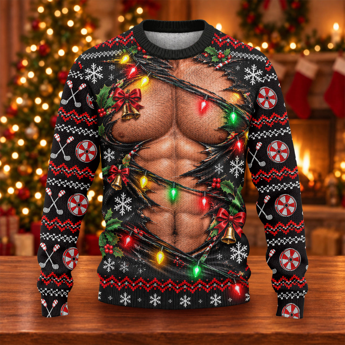 Ripped Muscle Abs Lights Ugly Christmas Sweater, Funny Xmas Gift, Christmas Golf Gift