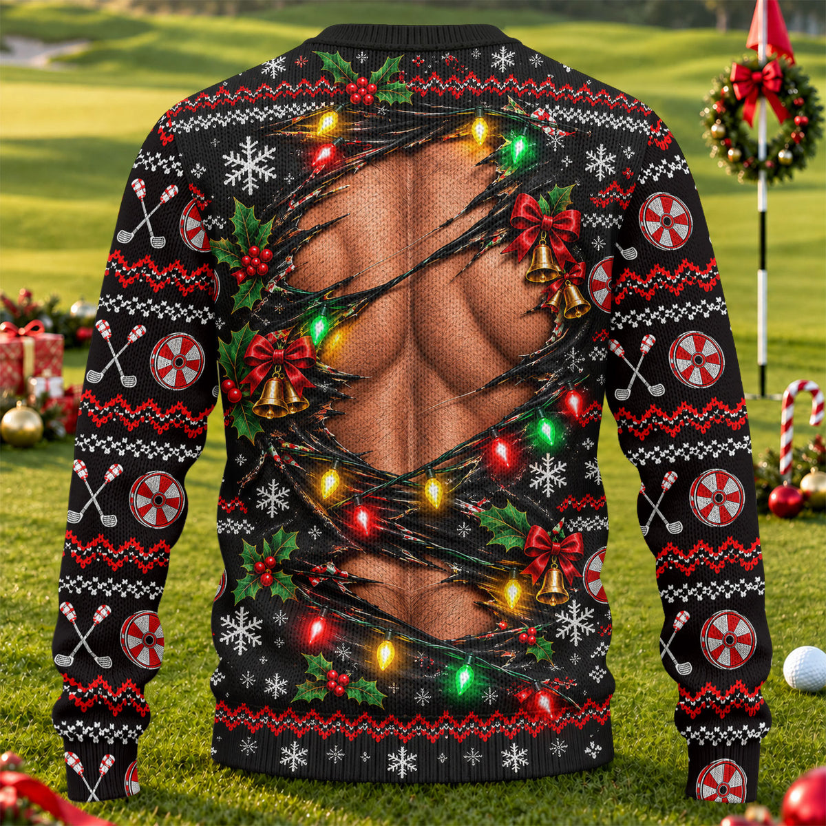 Ripped Muscle Abs Lights Ugly Christmas Sweater, Funny Xmas Gift, Christmas Golf Gift