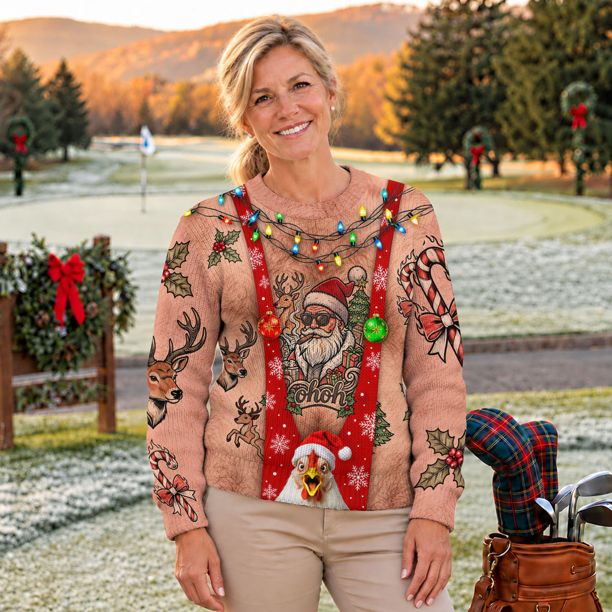 Santa Suspenders Tattoo Ugly Christmas Sweater, Golf Lover Gifts, Christmas Gifts