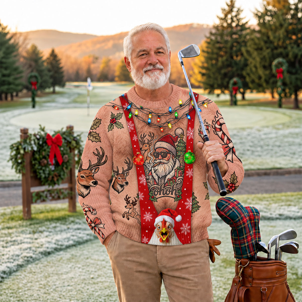 Santa Suspenders Tattoo Ugly Christmas Sweater, Golf Lover Gifts, Christmas Gifts
