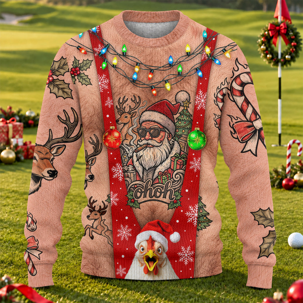 Santa Suspenders Tattoo Ugly Christmas Sweater, Golf Lover Gifts, Christmas Gifts