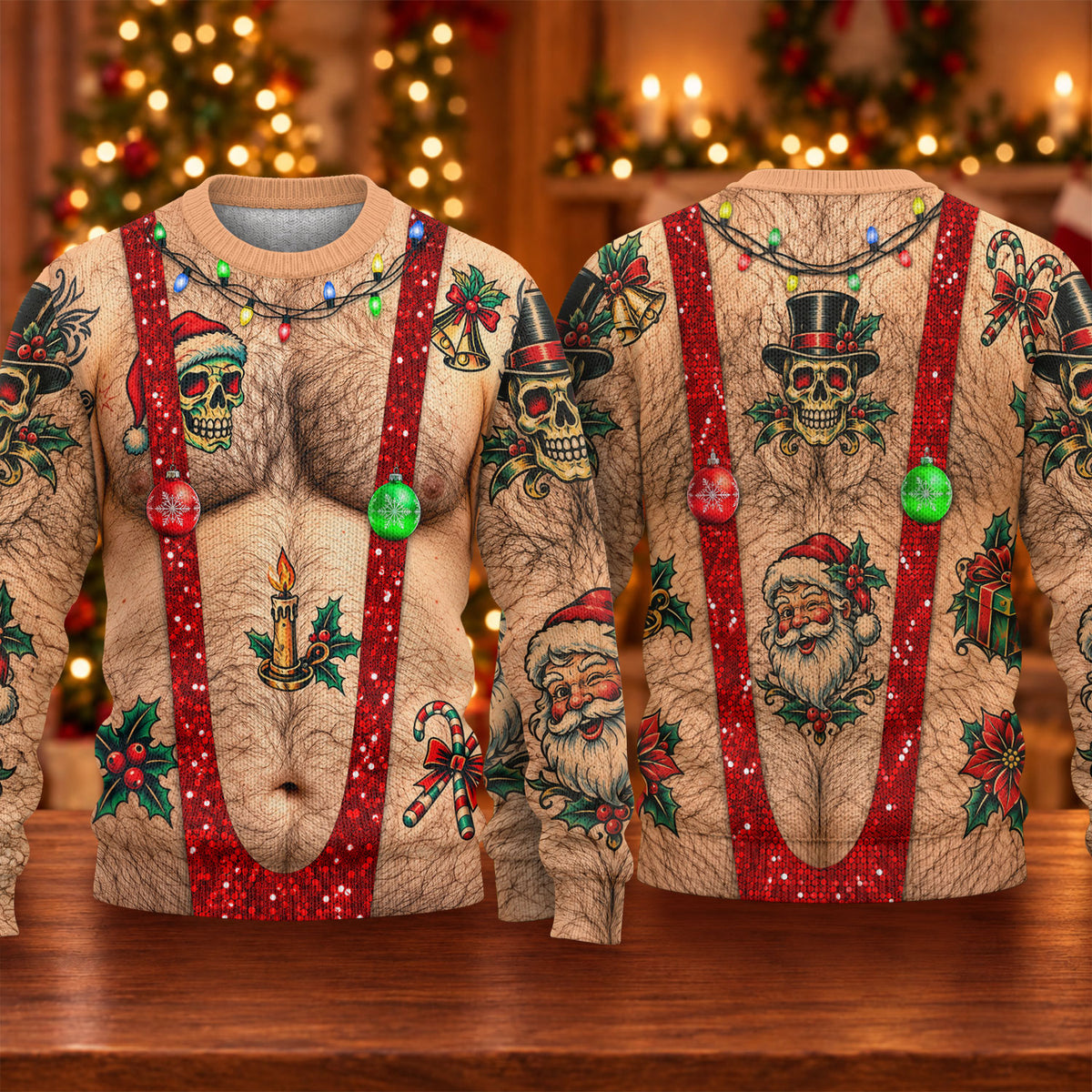 Santa Skull Hairy Chest Ugly Christmas Sweater, Ugly Sweater Party, Funny Xmas Gift