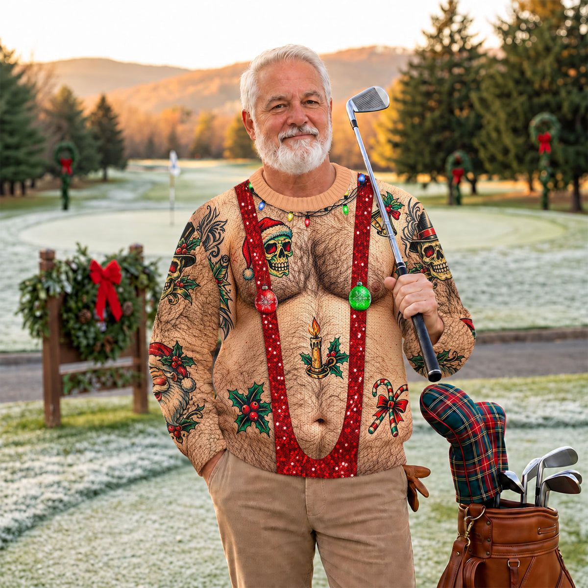 Santa Skull Hairy Chest Ugly Christmas Sweater, Ugly Sweater Party, Funny Xmas Gift