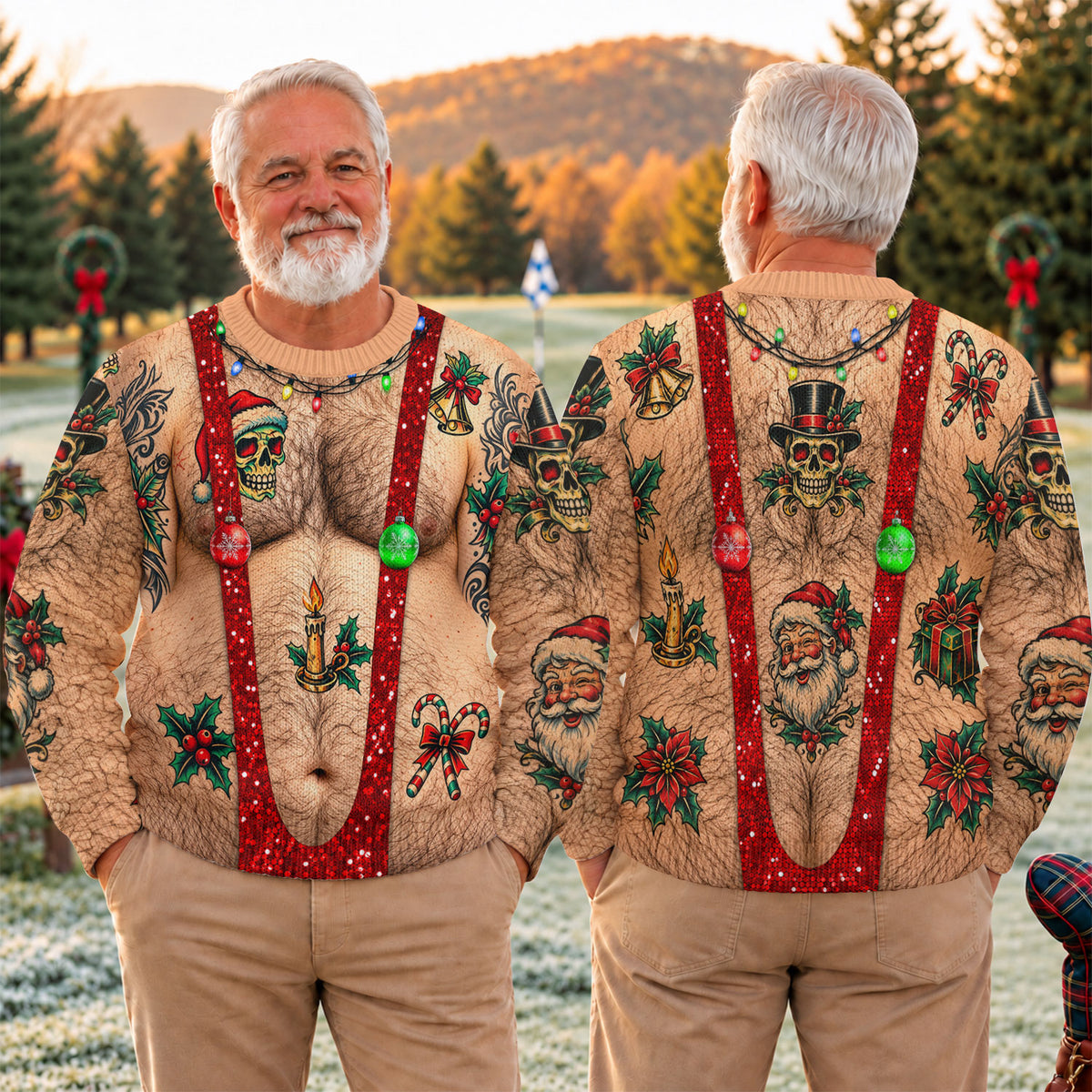 Santa Skull Hairy Chest Ugly Christmas Sweater, Ugly Sweater Party, Funny Xmas Gift