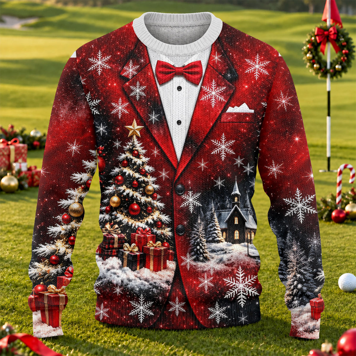 Tuxedo Tree Snowflakes Ugly Christmas Sweater, Funny Xmas Gift, Holiday Party Sweater