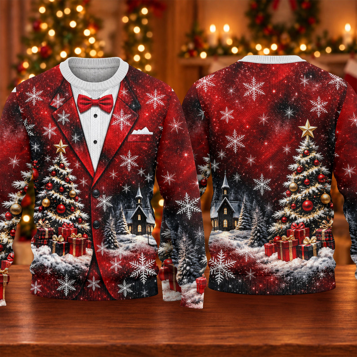 Tuxedo Tree Snowflakes Ugly Christmas Sweater, Funny Xmas Gift, Holiday Party Sweater