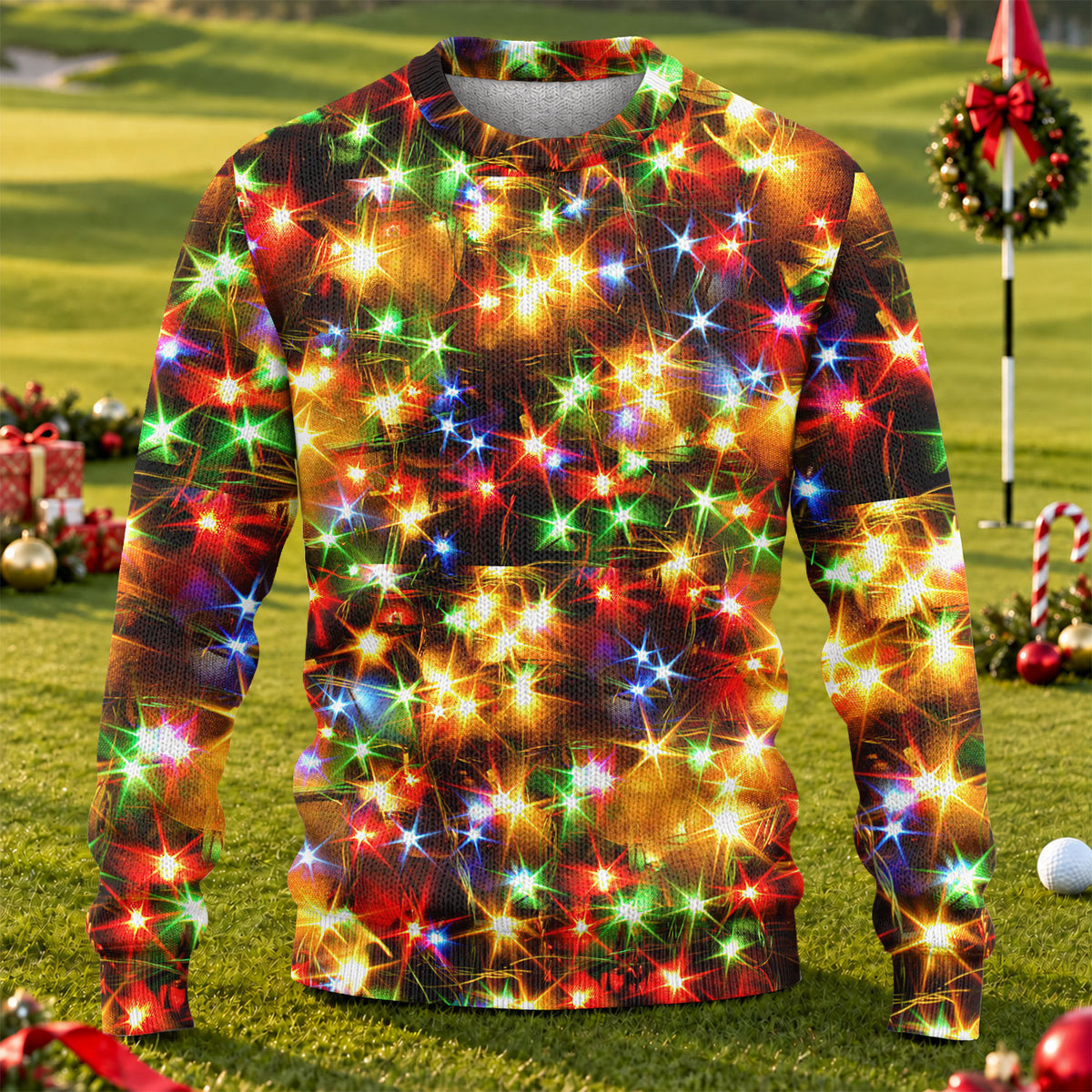 Golden Sparkling Lights Ugly Christmas Sweater, Christmas Golf Gift, Golf Lover Gifts