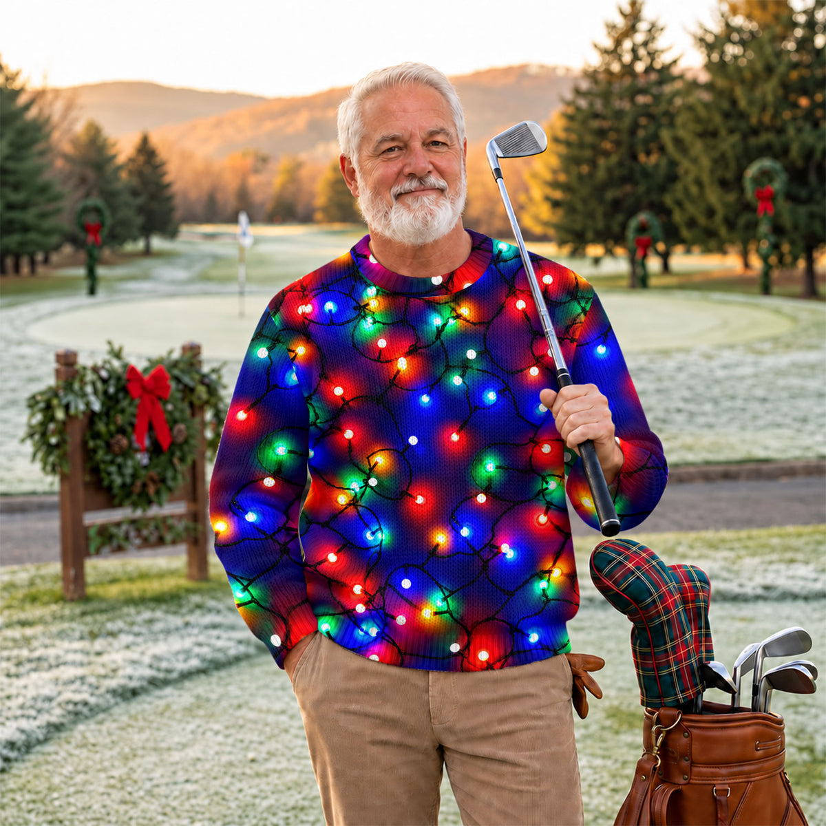 Colorful Bulb Lights Ugly Christmas Sweater, Golf Lover Gifts, Christmas Party Outfit