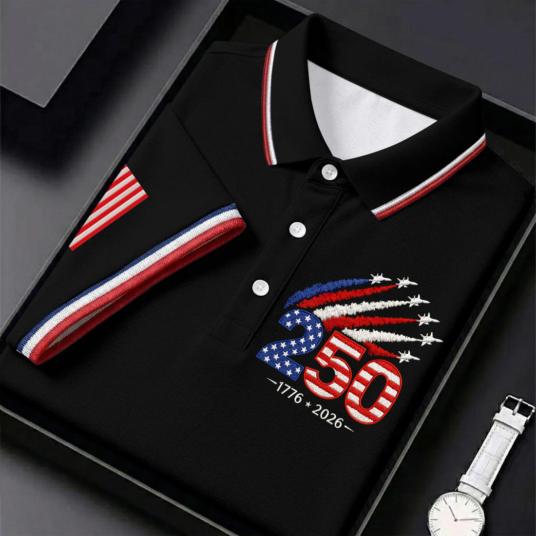 US Fighter Jets 250 Years Navy Golf Shirt, Patriotic Golf Shirt, Golf Shirts For Men, 4th Of July Golf Shirt