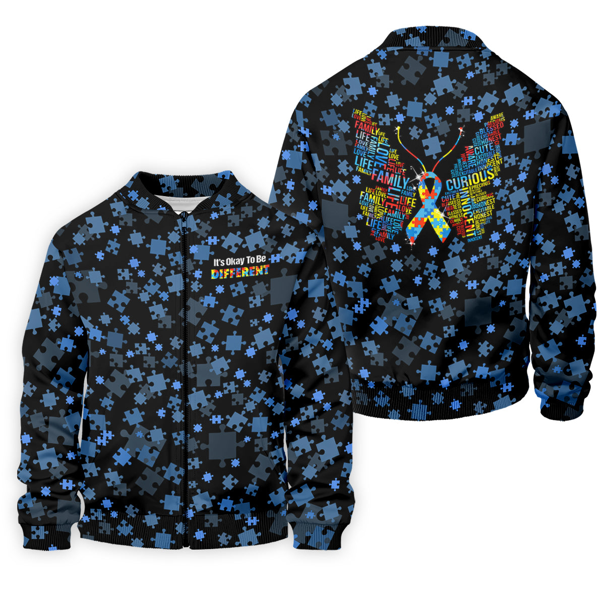 Autism Jacket It's Okay To Be Different Autism Awareness Black And Blue Puzzle Patte ...