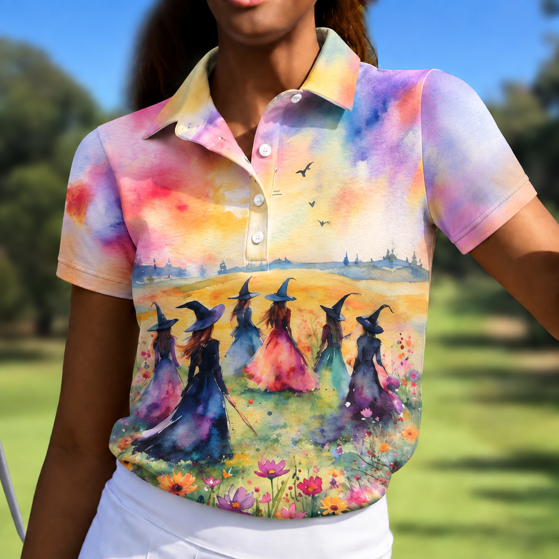 Watercolor Witch Gathering Halloween Golf Polo Shirt, Ladies Golf Tops, Women’s Golf Polo