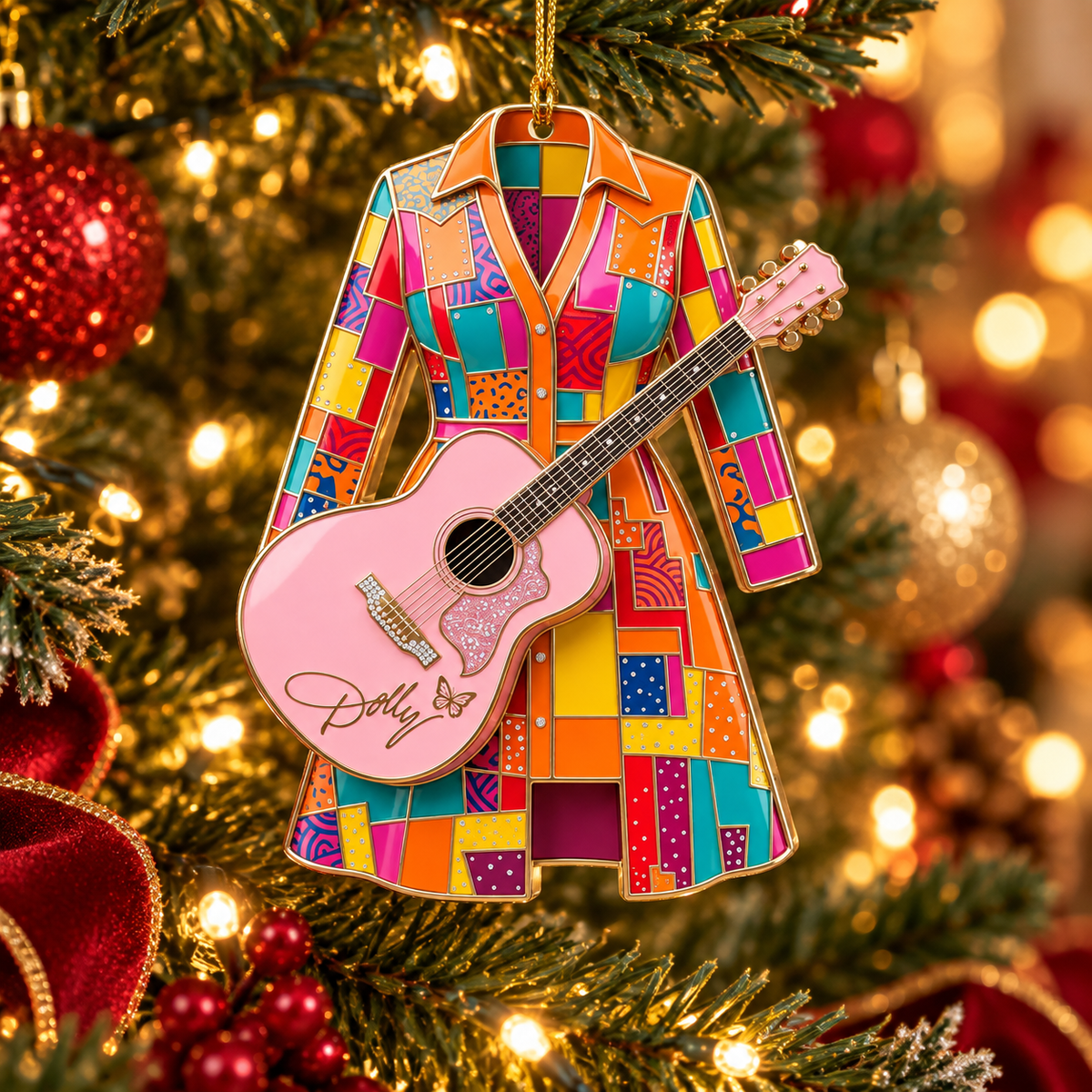 Custom Name Pink Guitar Acrylic Ornament, Christmas Ornaments, Country Music Gifts