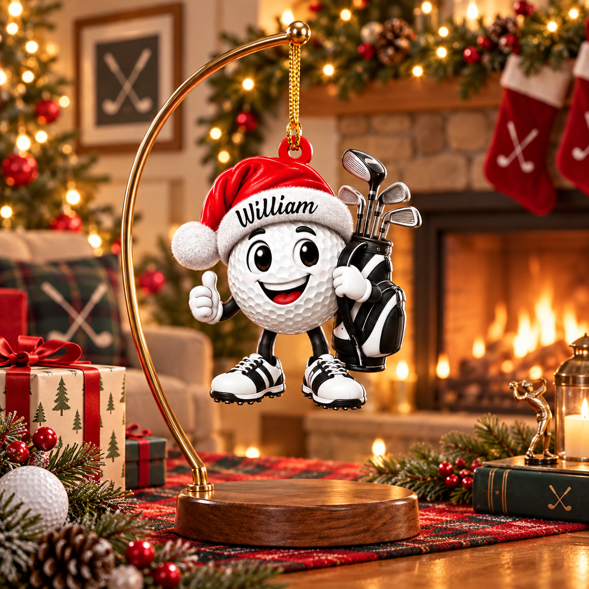 Custom Name Santa Hat Golf Ball Acrylic Ornament, Christmas Gifts, Holiday Keepsake