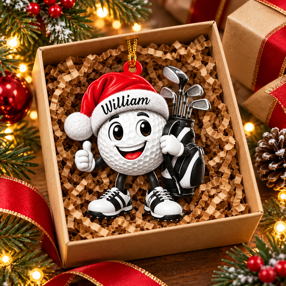 Custom Name Santa Hat Golf Ball Acrylic Ornament, Christmas Gifts, Holiday Keepsake