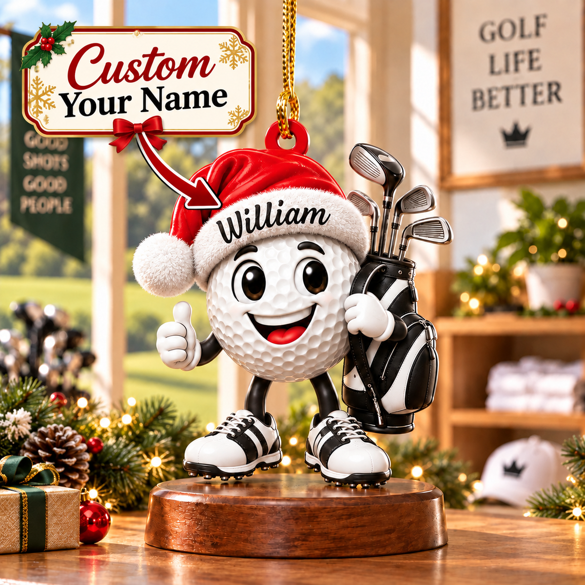 Custom Name Santa Hat Golf Ball Acrylic Ornament, Christmas Gifts, Holiday Keepsake