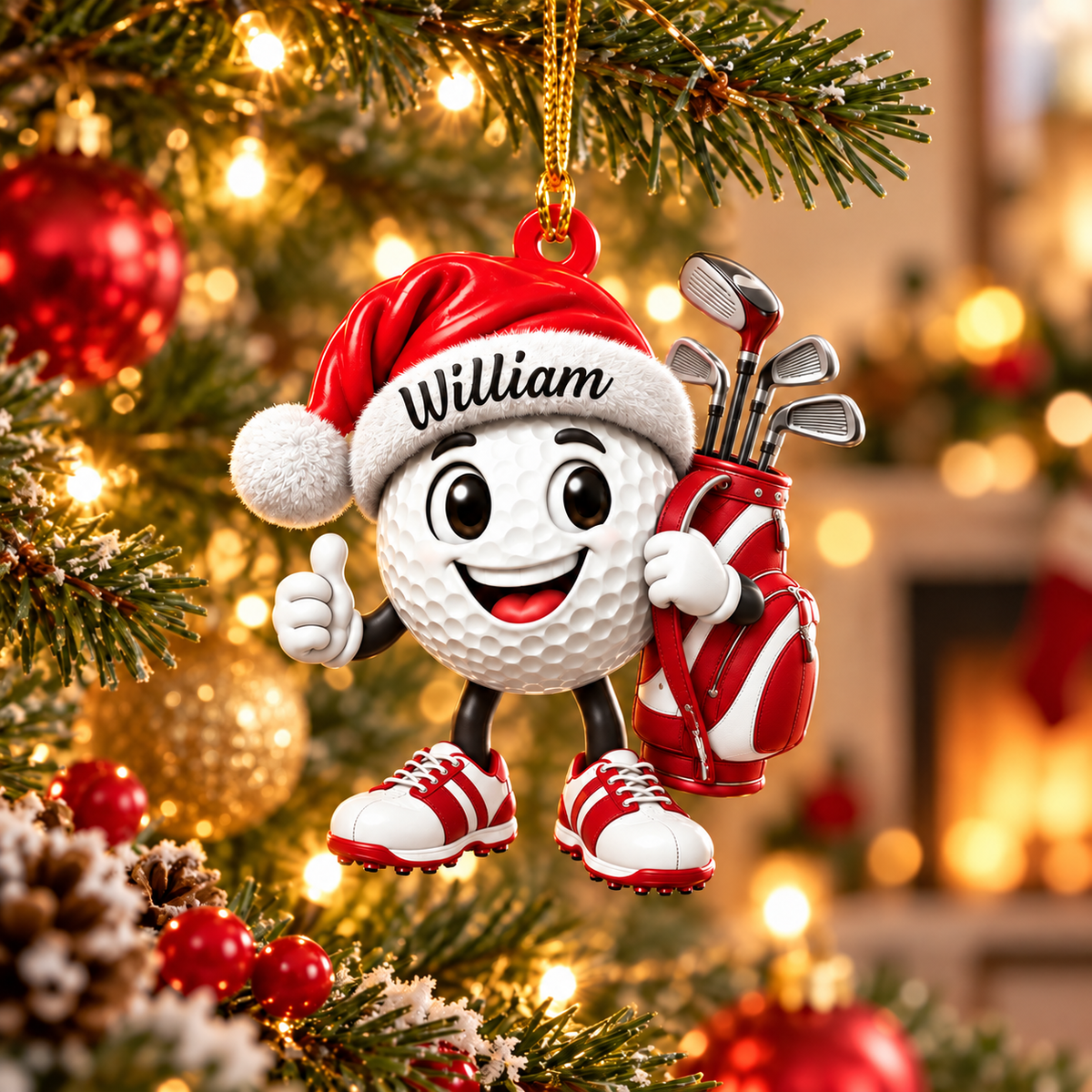 Custom Name Santa Hat Golf Ball Acrylic Ornament, Christmas Gifts, Holiday Keepsake