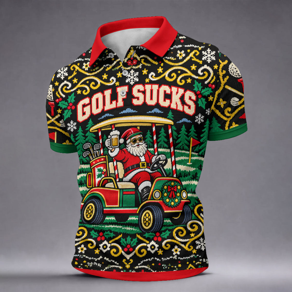 Christmas Golf Sucks Santa Cart Golf Shirt, Mens Golf Polo, Funny Mens Golf Shirts