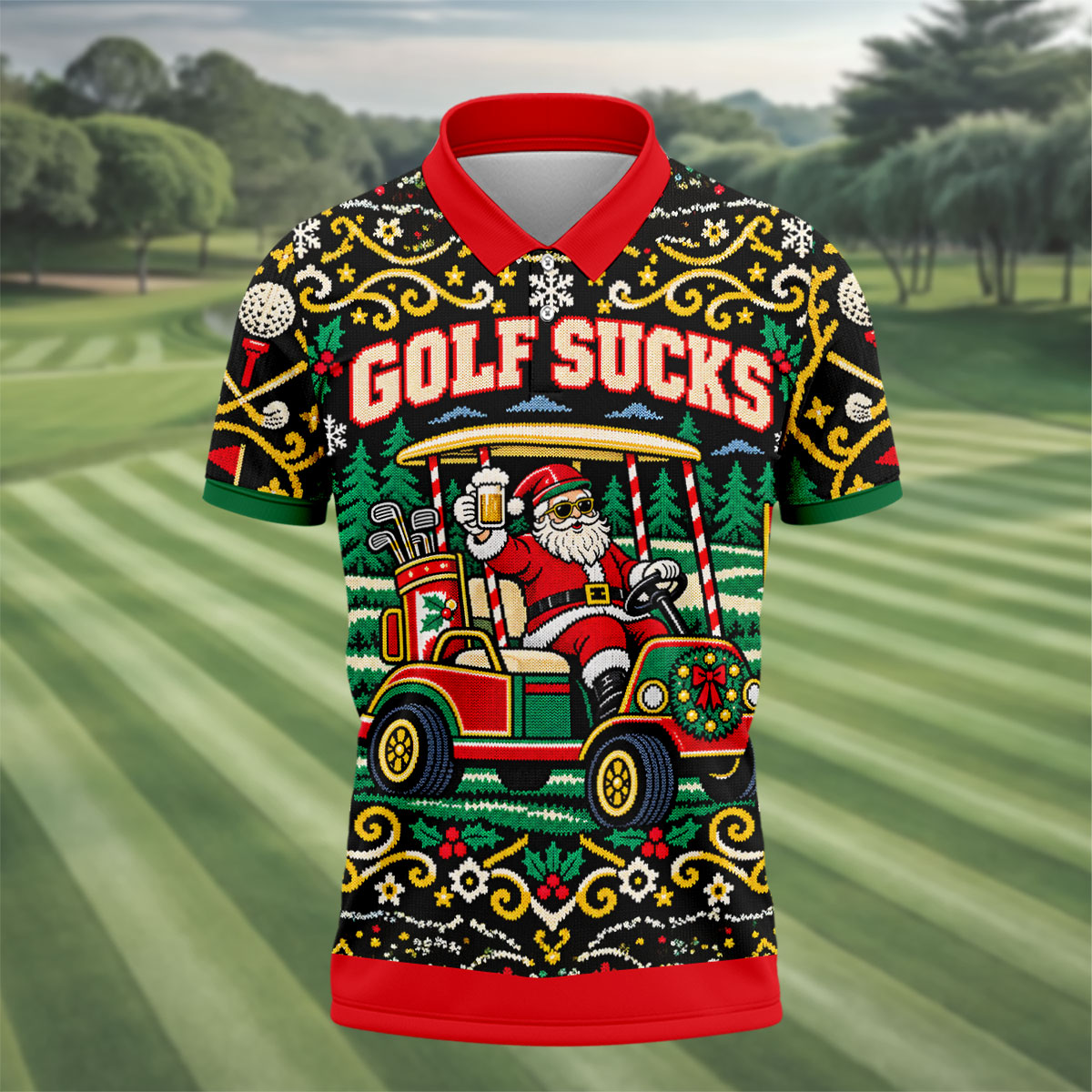 Christmas Golf Sucks Santa Cart Golf Shirt, Mens Golf Polo, Funny Mens Golf Shirts