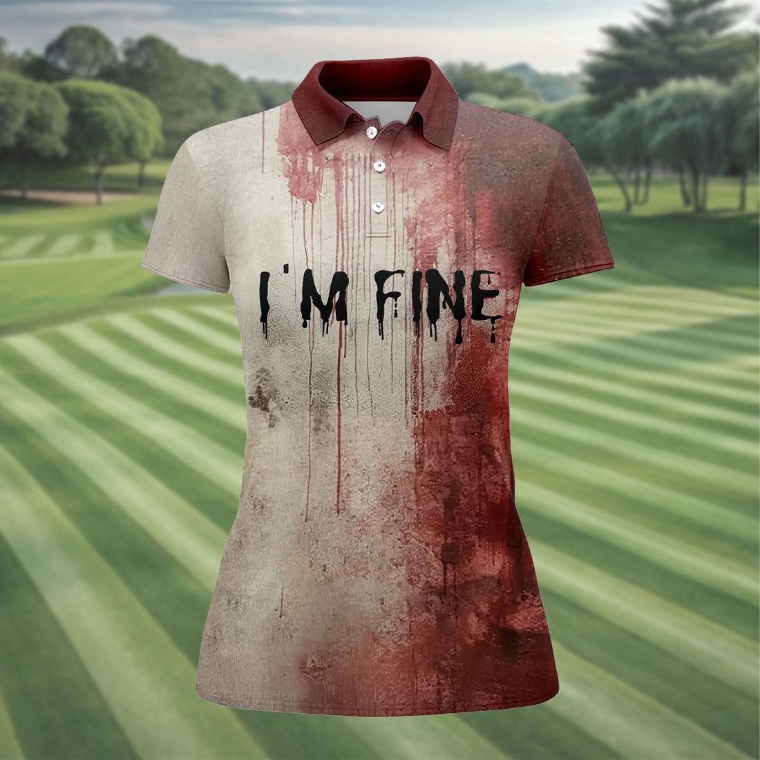 I'm Fine Halloween Blood Splatter Women Golf Top, Horror Blood Ladies Golf Polos, Unique Gift For Golfer