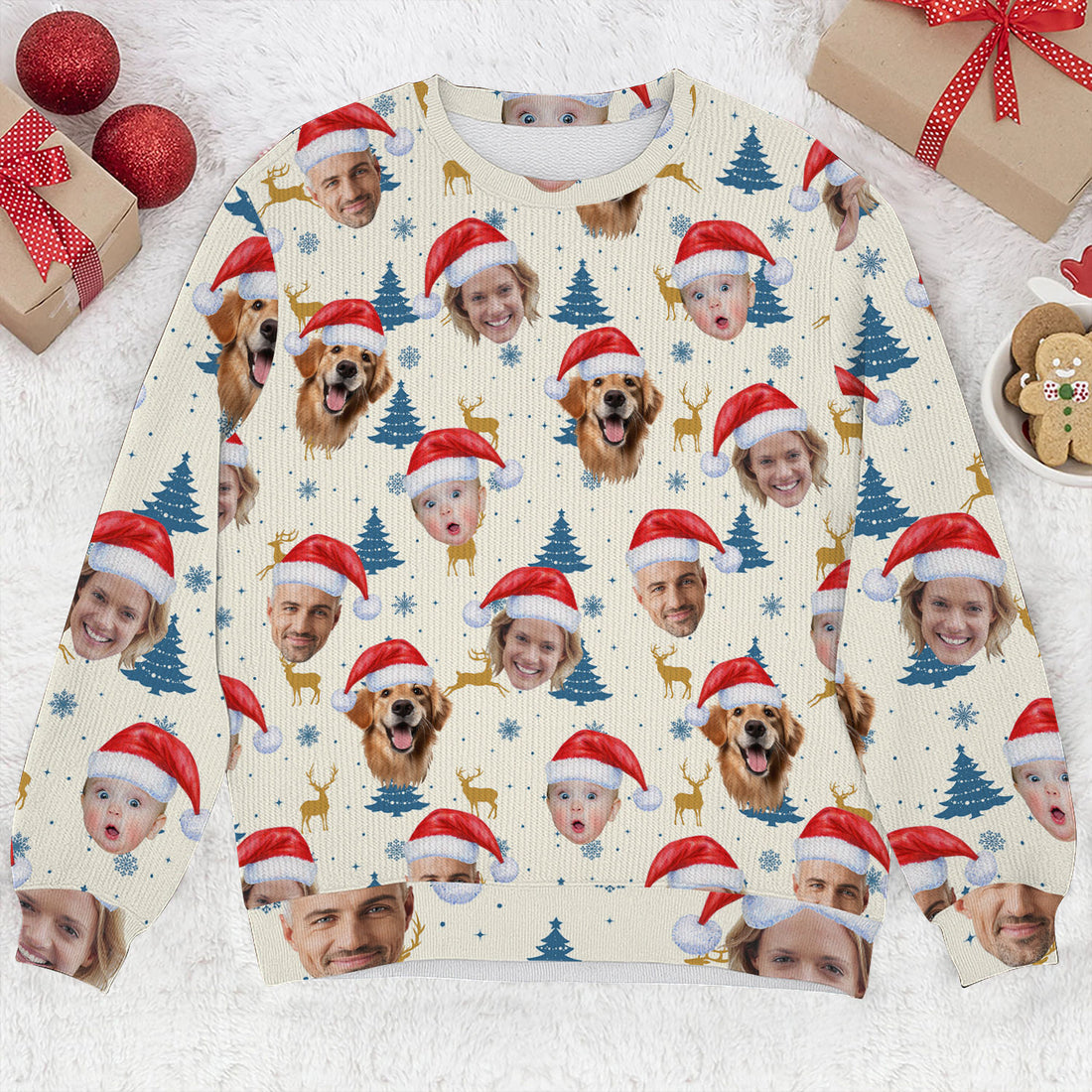 Custom Face Pine Tree Pattern Beige And Navy Golf Ugly Sweater, Christmas Golf Shirt, Golf Sweater