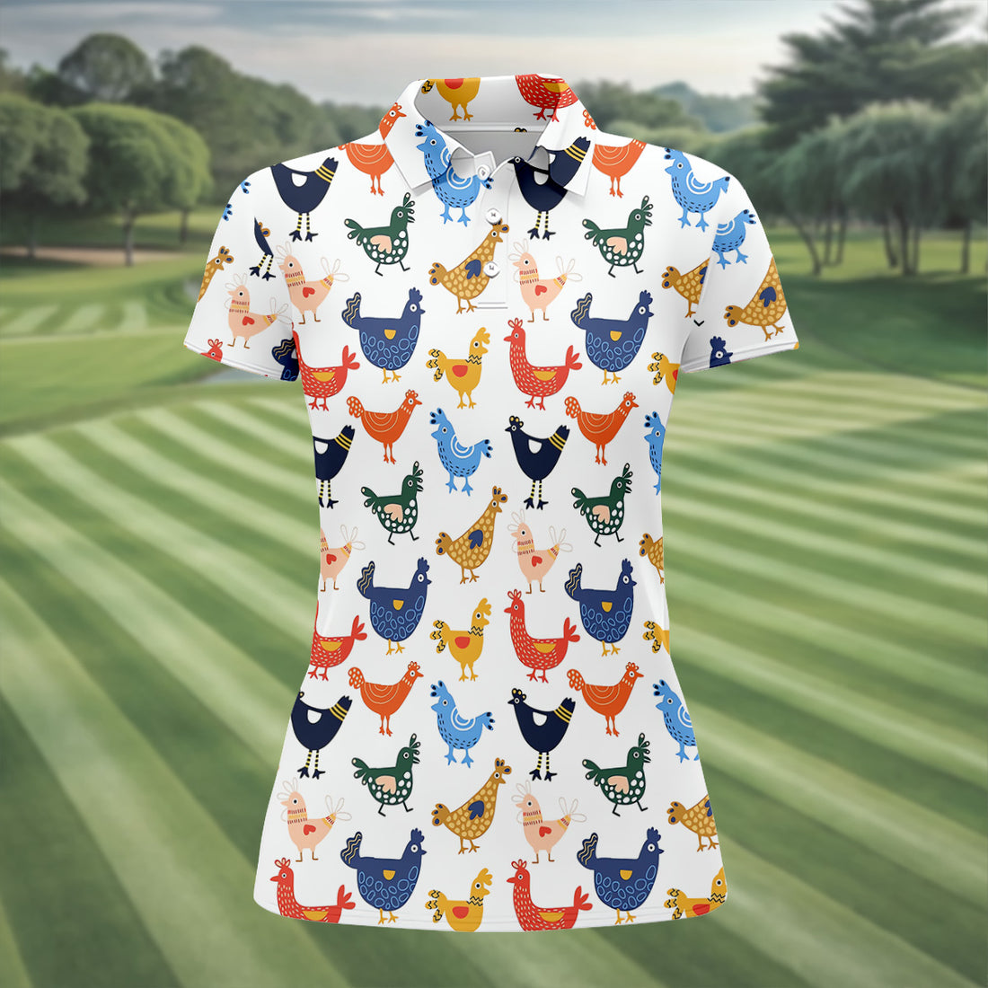 Colorful Animated Chickens White Polo Women, Gift For Chicken Lover, Ladies Golf Shirts, Golfing Apparel