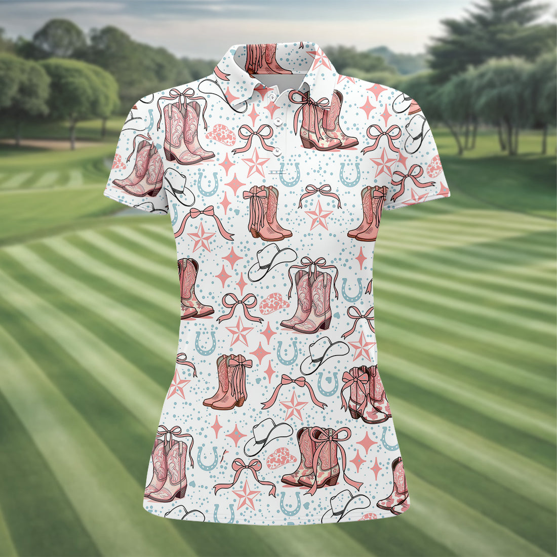 Coquette Cowgirl Boots Pink Western Womens Golf Shirts, Retro Golf Shirt, Ladies Golf Polos